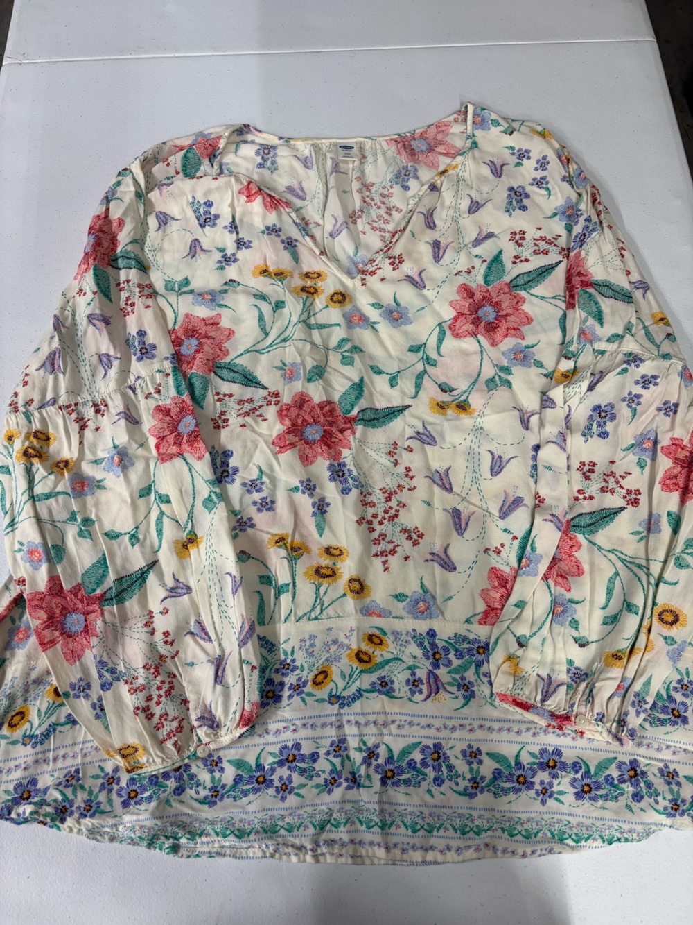 Old Navy Cream Floral V-Neck Blouse with Pink, Green & Yellow Accents